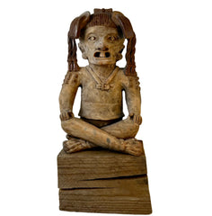 Primitive Small Clay Boy Statue, Vintage, w/ Wood Block Stand