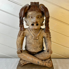 Primitive Small Clay Boy Statue, Vintage, w/ Wood Block Stand