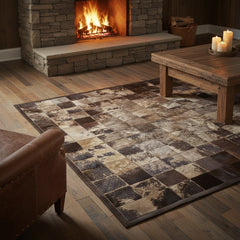 Hair on Hide Patchwork Area Rug, Taupe & Brown, Leather Edge Trim, Sku 033233