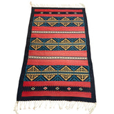 Mexican Indian Wool Area Rug, 100% Wool, Hand Crafted, Black, Green, Brick Red, Yellow, Sku: 033417
