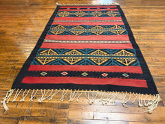 Mexican Indian Wool Area Rug, 100% Wool, Hand Crafted, Black, Green, Brick Red, Yellow, Sku: 033417