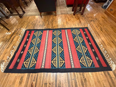 Mexican Indian Wool Area Rug, 100% Wool, Hand Crafted, Black, Green, Brick Red, Yellow, Sku: 033417