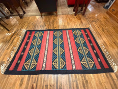Mexican Indian Wool Area Rug, 100% Wool, Hand Crafted, Black, Green, Brick Red, Yellow, Sku: 033417