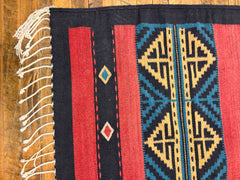 Mexican Indian Wool Area Rug, 100% Wool, Hand Crafted, Black, Green, Brick Red, Yellow, Sku: 033417