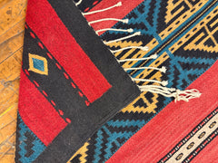 Mexican Indian Wool Area Rug, 100% Wool, Hand Crafted, Black, Green, Brick Red, Yellow, Sku: 033417
