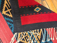 Mexican Indian Wool Area Rug, 100% Wool, Hand Crafted, Black, Green, Brick Red, Yellow, Sku: 033417