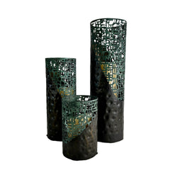 3 Faux Candles in Green & Black Pounded Metal Candleholders