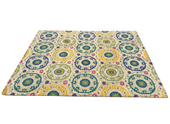 Wool Area Rug, Pile and Looped, Floral, Bright Colors, Blue, Green, Yellow, Pink, Cream, Sku: 033557