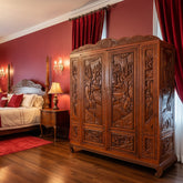 Armoire Cabinet, Wood, Asian, Ornately Carved, Vintage, Drawers, Mirror, Sku: 033608