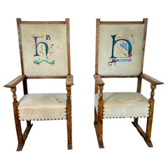 Pair of High Back, Hide Wood Arm Chairs, Hide, Hand Painted