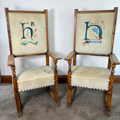 Pair of High Back, Hide Wood Arm Chairs, Hide, Hand Painted