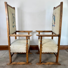 Pair of High Back, Hide Wood Arm Chairs, Hide, Hand Painted