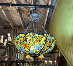 Multi-Color Tiffany Style Bowl Shaped Chandelier, Stained Glass Pieces, Bronze, Sku: 033616