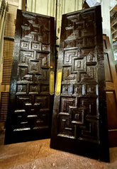 Entry Doors, Pair, Mid-Century, Dark Stained, Multi-Panel, Brass Hardware, Sku: 031888
