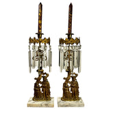 Pair Crystal Candle Stick Holders, Gilt, Ornate, Antique