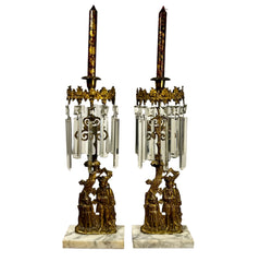Pair Crystal Candle Stick Holders, Gilt, Ornate, Antique