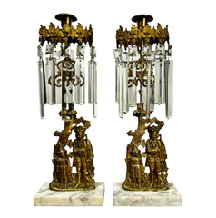 Pair Crystal Candle Stick Holders, Gilt, Ornate, Antique