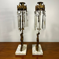 Pair Crystal Candle Stick Holders, Gilt, Ornate, Antique