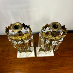 Pair Crystal Candle Stick Holders, Gilt, Ornate, Antique