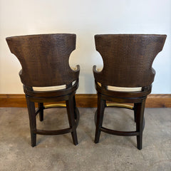 Palecek Rhodes Swivel Bar Stools, Woven Rattan Back, Leather, Counter Height, Set of Four, Sku: 033682