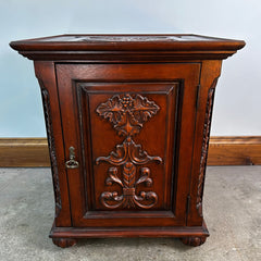 Wood Cabinet, End Cabinet, Red Toned, Ornately Carved