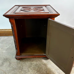 Wood Cabinet, End Cabinet, Red Toned, Ornately Carved