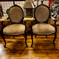 Pair of Oval Back Embossed Suede Leather Arm Chairs, Brown
