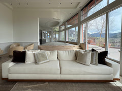 Custom Cream Upholstered Sofa, Wood Trim, Modernist Style, sku: 032765