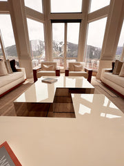 White L-Shaped Coffee Table, Laminate, Mirrored Side, Custom, Large, sku: 032762