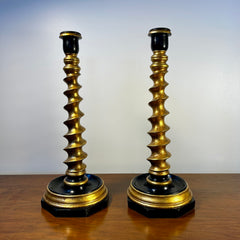 Candle Holders, Gold, Black, Barley Twist Design, Leather Bases, Pair
