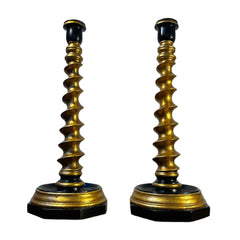 Candle Holders, Gold, Black, Barley Twist Design, Leather Bases, Pair