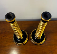 Candle Holders, Gold, Black, Barley Twist Design, Leather Bases, Pair