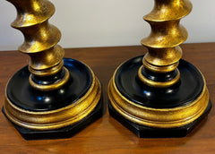 Candle Holders, Gold, Black, Barley Twist Design, Leather Bases, Pair