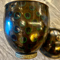 Maitland Smith Egg Box with Peacock Feather Design, Brass Mountings