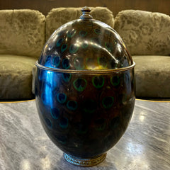 Maitland Smith Egg Box with Peacock Feather Design, Brass Mountings