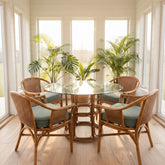 Ficks Reed 5 Piece Dining Set, Rattan, Cane & Round Glass Top, Green Wool Seat Cushions, Sku: 033762