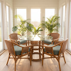 Ficks Reed 5 Piece Dining Set, Rattan, Cane & Round Glass Top, Green Wool Seat Cushions, Sku: 033762