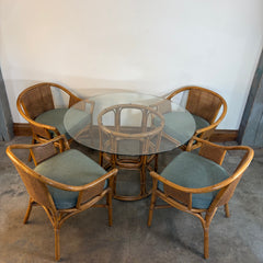 Ficks Reed 5 Piece Dining Set, Rattan, Cane & Round Glass Top, Green Wool Seat Cushions, Sku: 033762