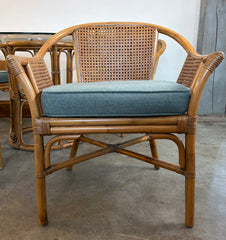 Ficks Reed 5 Piece Dining Set, Rattan, Cane & Round Glass Top, Green Wool Seat Cushions, Sku: 033762
