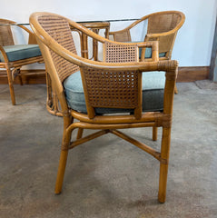 Ficks Reed 5 Piece Dining Set, Rattan, Cane & Round Glass Top, Green Wool Seat Cushions, Sku: 033762