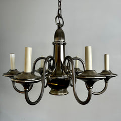 Lightolier Chandelier, Colonial Style, Pewter, Six Arm, Down Shining Light