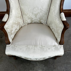 Ivory Brocade Armchair, Accent Chair with Footstool