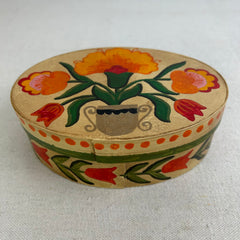 Hand Painted Oval Wood Wedding Box, with Mixed Flowers, Beige Background, German