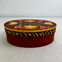 Hand Painted Wood Wedding Box, Oval with Flowers, Red Background, German