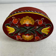 Hand Painted Wood Wedding Box, Oval with Flowers, Red Background, German