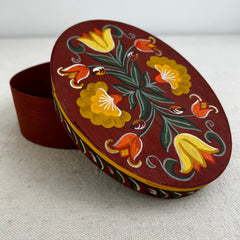Hand Painted Wood Wedding Box, Oval with Flowers, Red Background, German