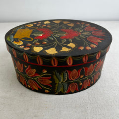 Hand Painted Wood Box with Lid, Oval, Floral, Dark Green Background, Germany