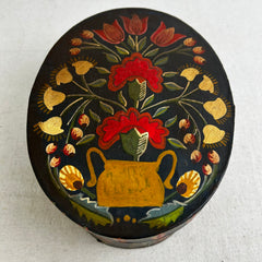 Hand Painted Wood Box with Lid, Oval, Floral, Dark Green Background, Germany