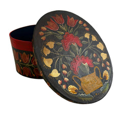 Hand Painted Wood Box with Lid, Oval, Floral, Dark Green Background, Germany