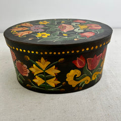 Hand Painted Wooden Oval Box, Flowers with Black Background, German